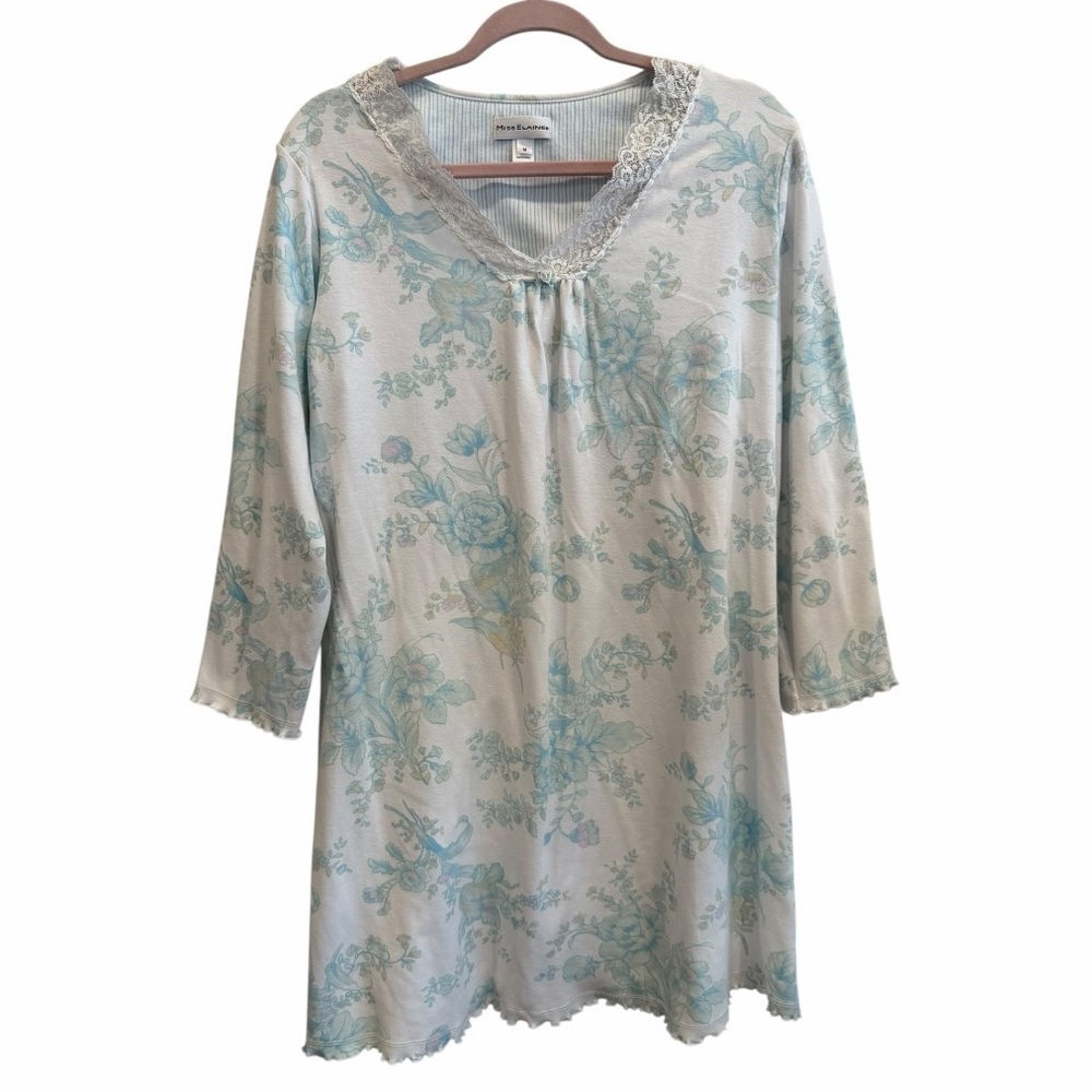 Miss Elaine Nightgown Womens size medium Blue Floral Long Sleeve Sleepwear